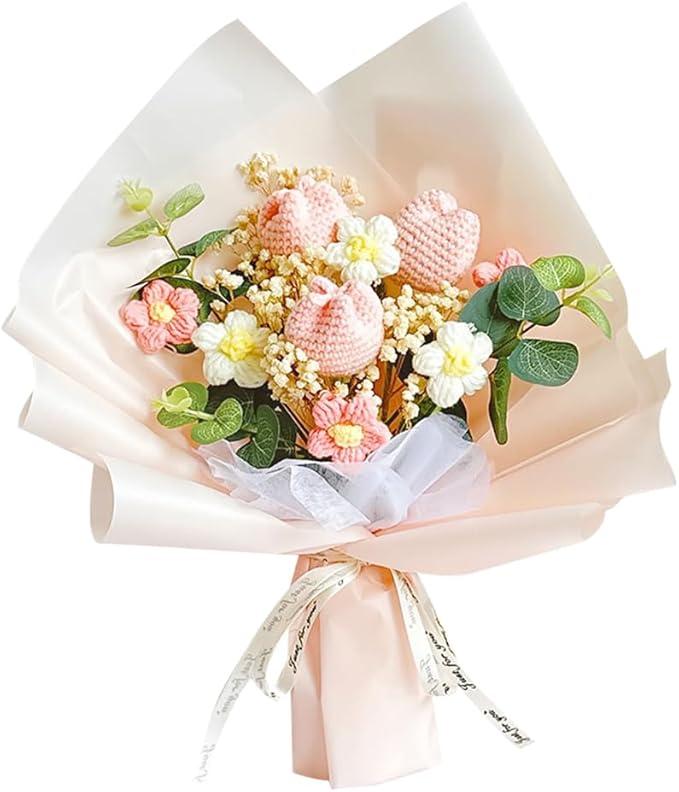 Crochet Flower Tulip Bouquet: Handmade Artificial Flower Knitted Sunflower Bouquet for Festival Wedding Graduation Anniversary (Pink)