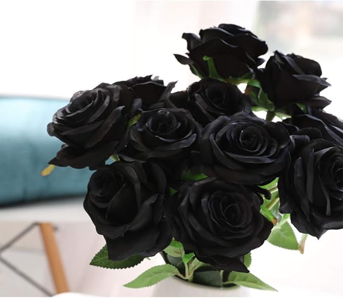 Nubry Artificial Silk Rose Flower Bouquet Lifelike Fake Rose for Wedding Home Party Decoration Event Gift 10pcs (Black)