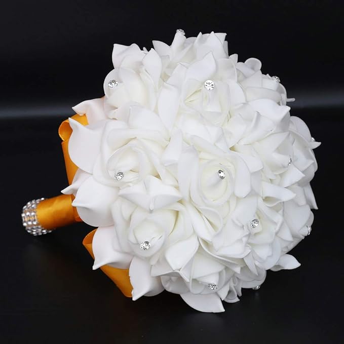 Wedding Bouquet, Gold Yellow Bouquet for Bride Bridesmaid with Diamond Soft Ribbons, Artificial Rose Bridal Holding Flowers for Party Church