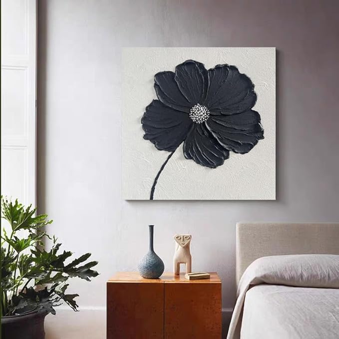 YaSheng Art - Thick Texture Flowers Abstract Oil Painting 100% Hand-Painted Black and White Wall Art Minimalist modern Abstract Art Paintings Home Living room Room Dining Room Bedroom Wall Decorative Art Oil Painting 24x24inch