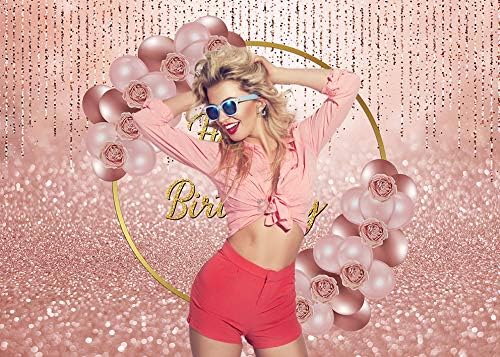 Pink Rose Gold Happy Birthday Backdrop Glitter Rose Gold Floral Balloon Bokeh Photography Background Girls Lady Sweet 16th 21th 30th Birthday Party Cake Table Photo Props 7x5FT