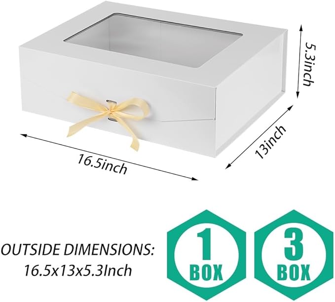 3 Pcs White Extra Large Gift Box for Presents with Ribbon 16.5x13x5.3 Inches Clear Gift Box with Window Magnetic Closure Gift Boxes with Lids