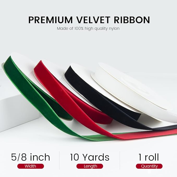 5/8" Wide x 10 Yards Velvet Ribbon, Vintage Single Face Velvet Ribbons for Gift Wrapping, Christmas Wrapping Bows, Wedding Decor, Sewing and More (White)