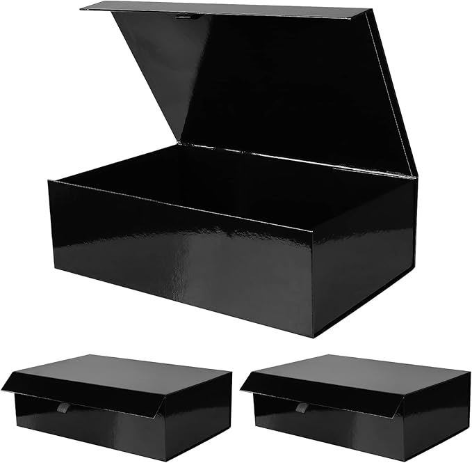 Aimyoo 3 Pack Black Collapsible Gift Box with Magnetic Closure Lids & Rope for Easy Opening 13.8x9x4.3, Bridesmaid Groomsman Proposal Boxes, Rectangle Storage Present Boxes