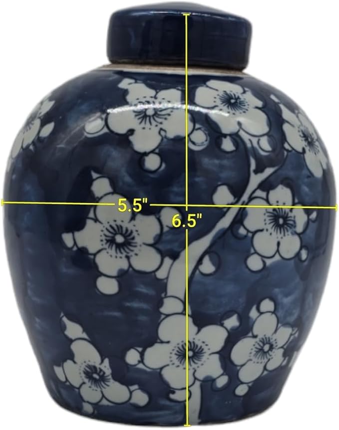 Retro Antique Like Style Blue and White Porcelain Blue Cherry Blossom Plum Flower Ceramic Covered Jar Vase, China Ming Style, Jingdezhen (LJ4)