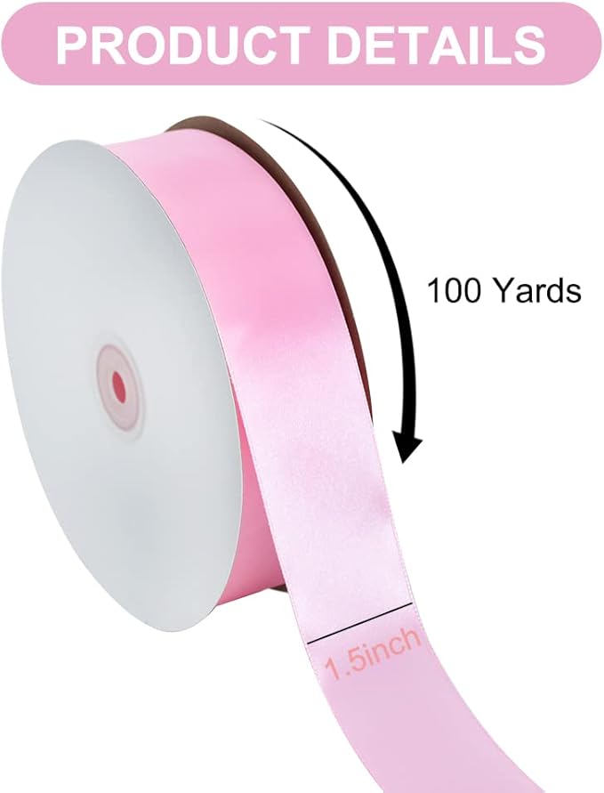 TONIFUL 1-1/2 Inch (40mm) x 100 Yards Baby Pink Wide Satin Ribbon Solid Fabric Ribbon for Gift Wrapping Chair Sash Valentine's Day Wedding Birthday Party Decoration Hair Floral Craft Sewing