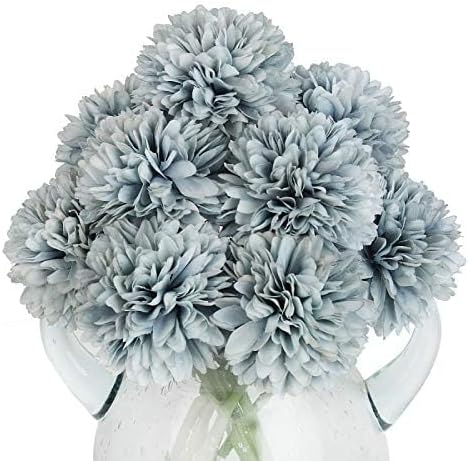 10Pcs Artificial Fake Flower Plants Silk Chrysanthemum Ball Hydrangea Arrangements Wedding Bouquets Decor Home Kitchen Garden Party Table Floral Centerpieces DIY (Grey Blue)