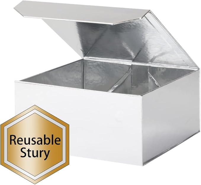 6 Pcs Silver Gift Box Large 13x11x5.3 Inch Silver Large Gift Box with Crinkle Paper Magnetic Box with Shredded Paper Luxury Gift Boxes with Lids for Presents