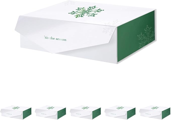 PACKHOME 6 Large Christmas Gift Boxes with Lids 13.5x9x4.1 Inches, Sturdy Collapsible Gift Boxes with Magnetic Closure (Green Snowflake Pattern)