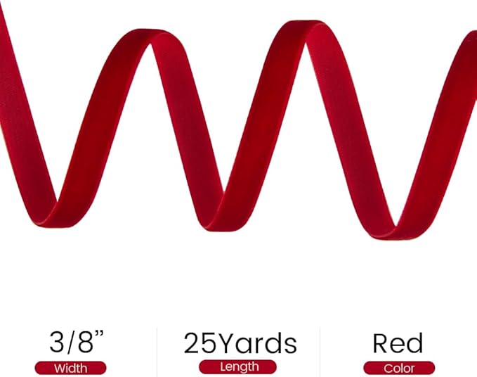 3/8" Wide x 25 Yards Velvet Ribbon, Vintage Single Face Velvet Ribbons for Gift Wrapping, Christmas Wrapping Bows, Wedding Decor, Sewing and More (Red)