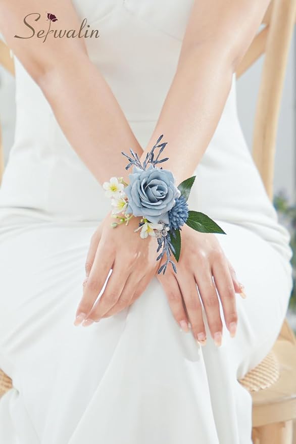 Serwalin 6 PCS Wrist Corsages for Wedding, Girl/Mother Bride Bridesmaids Corsages Wristlet Decor for Prom Wedding Anniversary Homecoming (Blue & Dusty Blue)