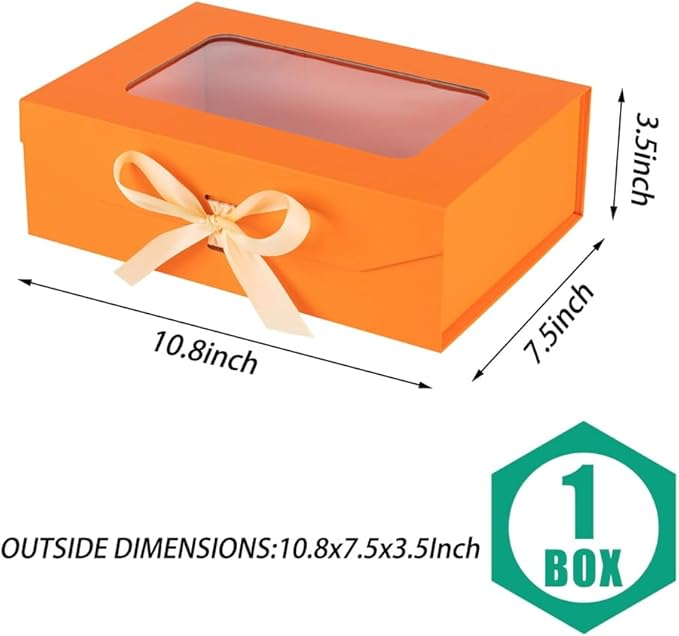 Orange Gift Box for Presents with Ribbon 10.8x7.5x3.5 Inches Clear Gift Box with Window Magnetic Closure Gift Boxes with Lids