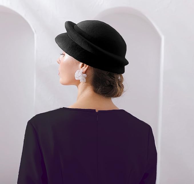 ORIDOOR Women Vintage 100% Wool Felt Flowers Bucket Cloche Bowler Hat Church Wedding Beret Hat