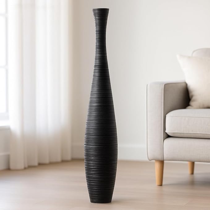 Leewadee Large Black Home Decor Floor Vase - Wooden 26 inch Tall Farmhouse Decor Flower Holder for Fake Plant and Pampas Grass