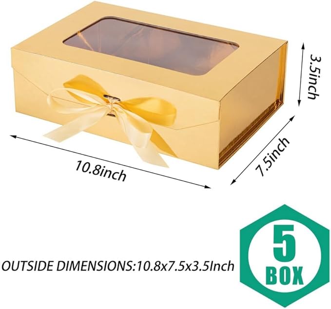 5 Pcs Gold Gift Box for Presents with Ribbon 10.8x7.5x3.5 Inches Clear Gift Box with Window Magnetic Closure Gift Boxes with Lids
