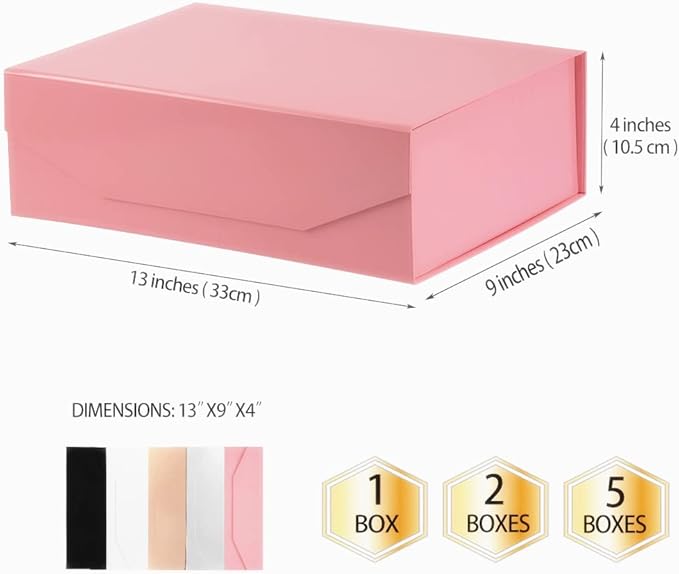 2 Pink Large Gift Boxes with Lid 13x9x4 Inches, Bridesmaid Proposal Boxes, Hard Collapsible Gift Box with Magnetic Closure, Groomsman Box Reusable Gift Box for Cloth (Glossy Pink)