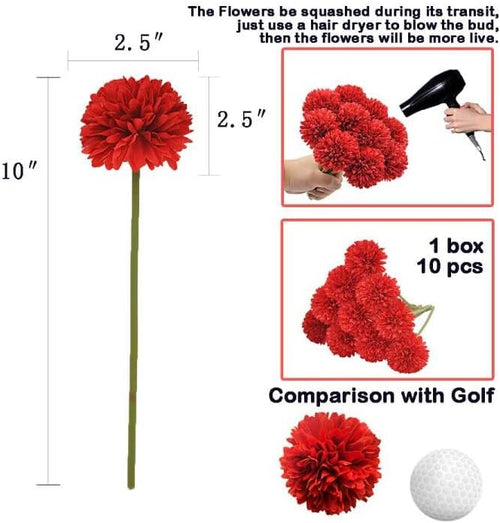 10Pcs Artificial Fake Flower Plants Silk Chrysanthemum Ball Hydrangea Arrangements Wedding Bouquets Decor Home Kitchen Garden Party Table Floral Centerpieces DIY (Red)