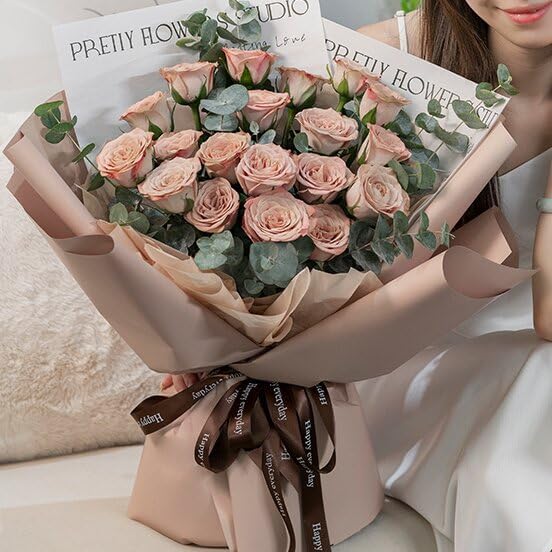 LeZakaa 20 Sheets Flower Wrapping Paper - Waterproof Reversible Floral Bouquet Paper - Brown Design for Valentine's Day, Mother's Day, Parties, Birthdays, Weddings, Baby Shower