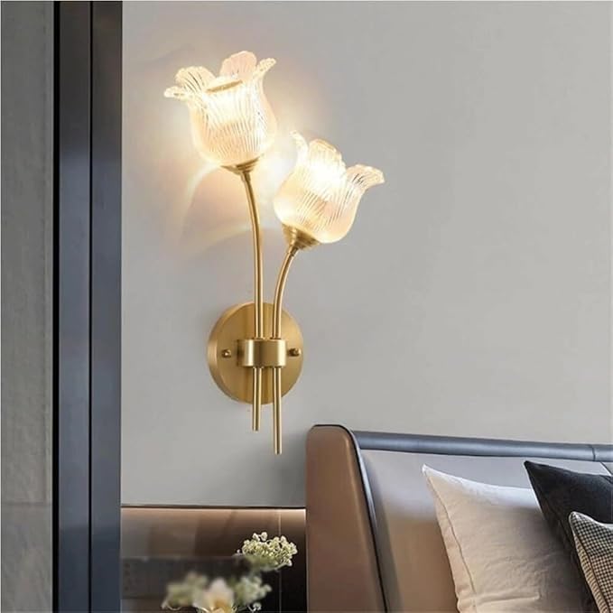 Elegant Double Head Wall Sconce, Vintage Brass Floral Design with Fluted Clear Glass Tulip Shades, Brushed Gold Accent Lamp for Living Room, Bedroom Bedside, Dining Room Decor