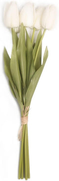 18in Artificial Tulips Flowers, 5 Pcs Real Touch Soft Latex Fake Tulip Flowers with Stems for Spring Bouquet Easter Wedding Floral Arrangement Home Party Office Kitchen Decor - White