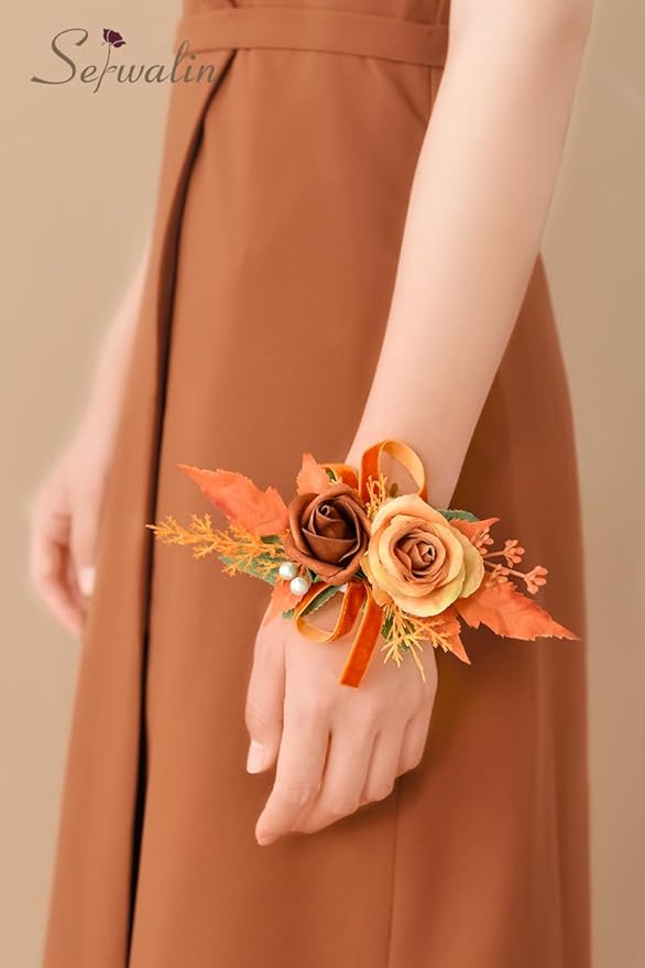 Serwalin 𝗦𝗲𝘁 𝗼𝗳 𝟮 Wrist Corsage for Wedding, 𝟲-𝟳 𝗜𝗻𝗰𝗵 Corsages for Bridesmaid Mother Grandmother, Artificial Flowers for Prom Ceremony Anniversary Cake Topper (Orange)