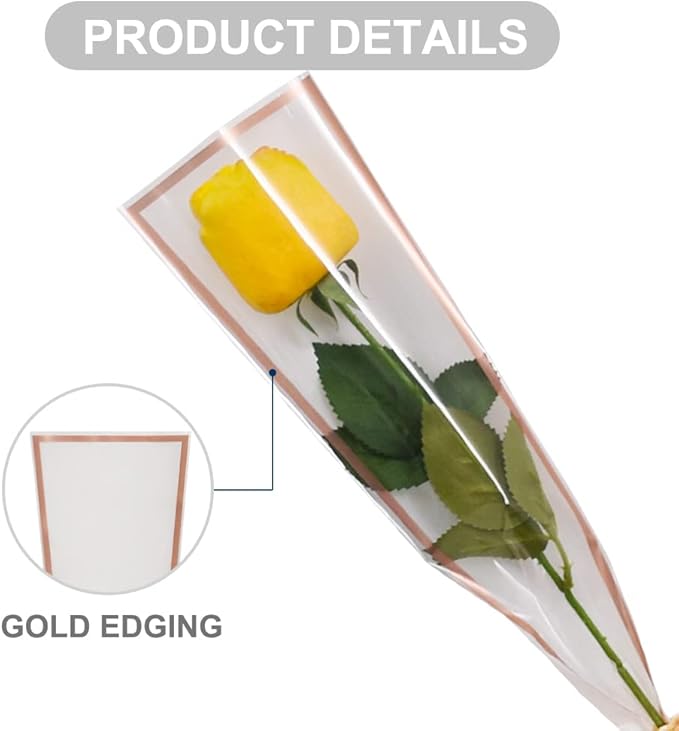 BEISHIDA 50 PCS Single Rose Sleeve Bouquet Bags Plastic Single Flower Wrapping Rose Packaging For Father's Day Graduation Wedding Birthday Valentine's Day Party (White with Champagne Edging)