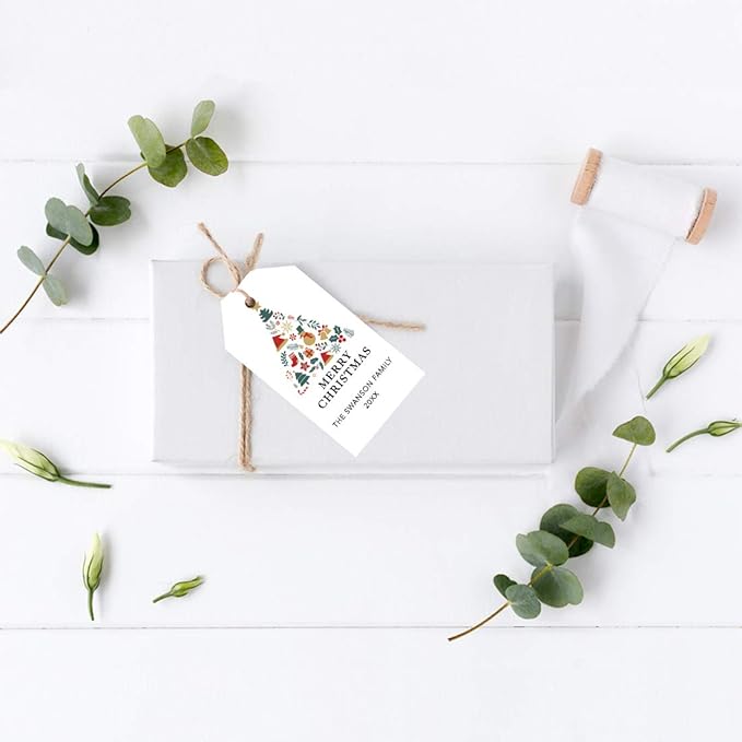 Andaz Press Personalized Christmas Holiday Season Classic Gift Tags, Merry Christmas Custom Family Name and Year, Christmas Tree Elements Design, for Holiday Events, Parties, and Favors, 60-Pack