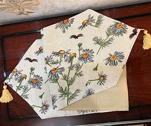 Tache Ivory Floral Table Runner Yellow Daisies Ladybugs Woven - Long Vintage Tapestry Kitchen Dining Dinner Linens Cloth - 13 x 90 inches