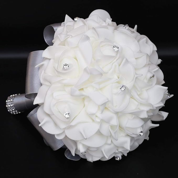 Wedding Bouquet, Silver Bouquet for Bride Bridesmaid with Diamond Soft Ribbons, Artificial Rose Bridal Holding Flowers for Party Church