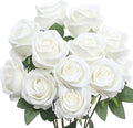 Jasion 12PCS Artificial Roses Realistic Velvet Silk Flowers Long Stem Faux Flowers Bouquet for Wedding Home Party Table Centerpieces Decorations (White)