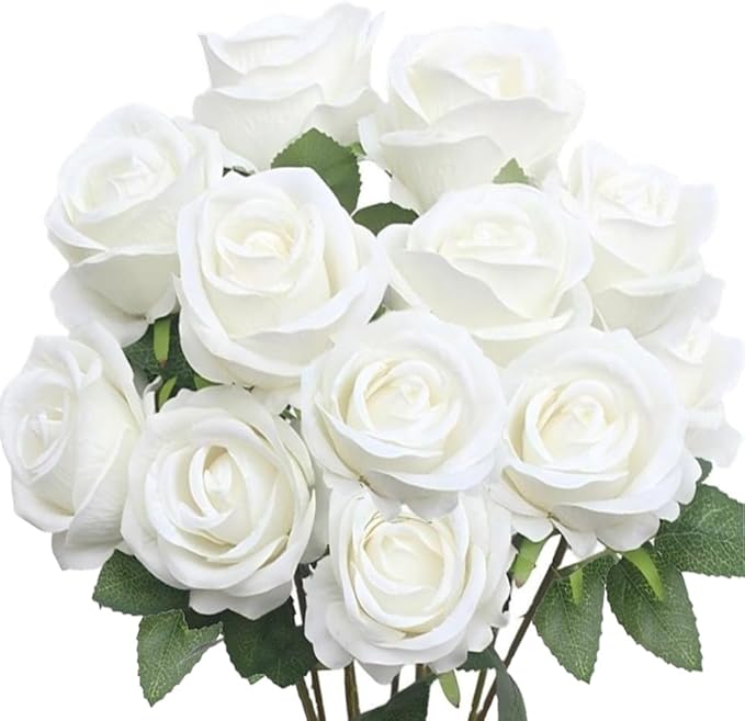 Jasion 12PCS Artificial Roses Realistic Velvet Silk Flowers Long Stem Faux Flowers Bouquet for Wedding Home Party Table Centerpieces Decorations (White)
