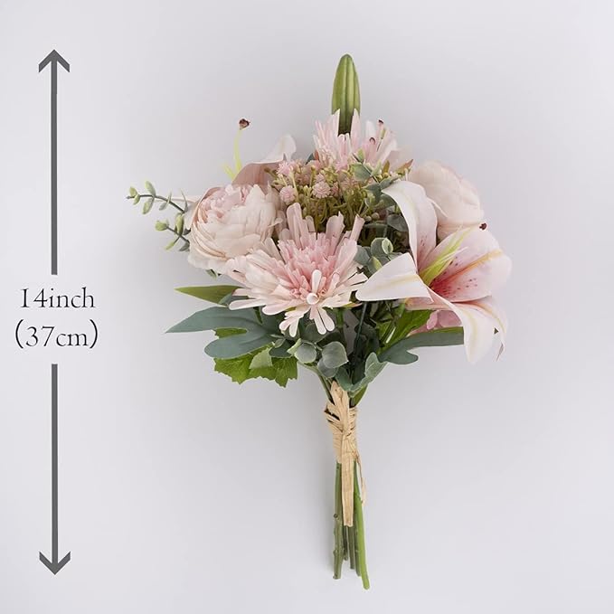 16-inch Artificial Fake Faux Flowers Silk Flower Arrangements Bouquets with Lilies, Buttercup, Hydrangea, Chrysanthemum, babysbreaths (Pink)
