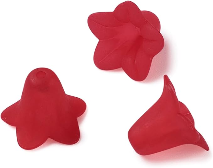 Crafans 50Pcs Frosted Acrylic Flower Beads for Christmas Red Floral Pendants Trumpet Flower Bead Caps Loose End Spacer Beads for Jewelry Making Supplies 17.5x12x1.5mm