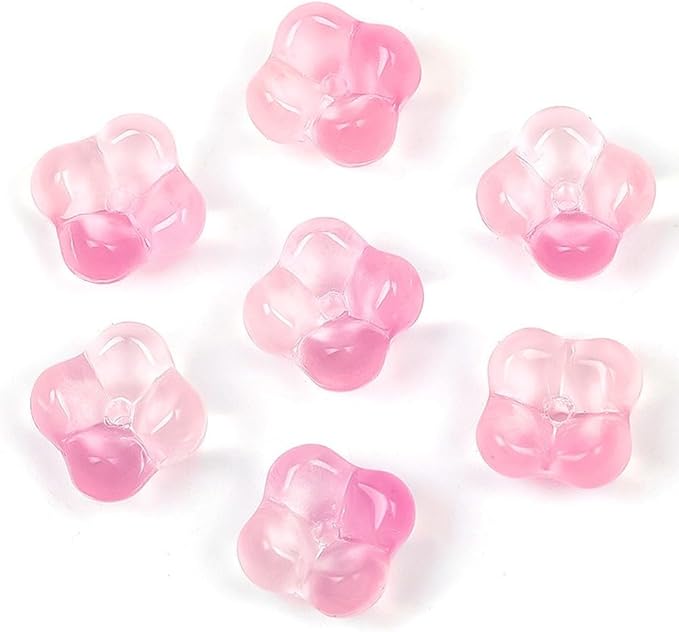 100PCS Glass Flower Beads for Jewelry Making 4 Petal Flower Bead Caps Gradient Cute Floral Beads Aesthetic Charms for Necklace Bracelets Earrings DIY Craft Home Decoration-Peachpink