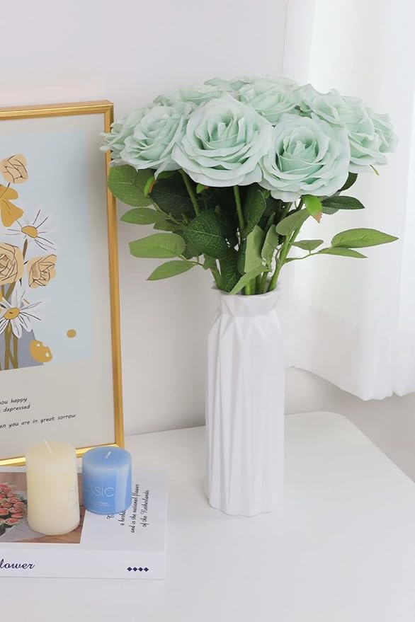 Artificial Rose Flower Sage Green Flowers Sage Green Roses Silk Flowers 12 pcs with Long Stem Silk Roses Bouquet for Wedding Bridal Shower Part Home Decoration