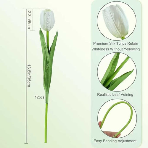 12pcs White Artificial Tulips Silk Faux Flowers Real Touch for Wedding Bouquet, Home Decor, Party Centerpiece, Table Decor, Mother's Day Easter Spring Gifts