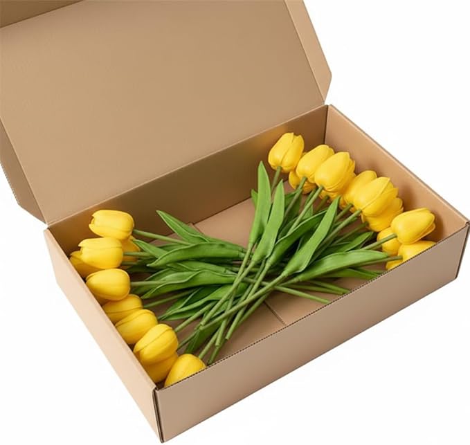 Yellow Faux Tulips (20 Pcs) - Premium PU Artificial Flowers for Christmas & Thanksgiving Table Setting, Winter DIY Home Decor - 13.5" Real Touch