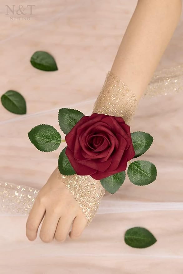 N&T NIETING Artificial Flowers - Fake Flowers Dark Red Roses Perfect DIY Wedding Bouquets Centerpieces Bridal Shower Party Home Flower Arrangement Decorations, 50Pcs
