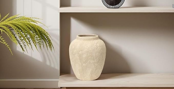 Handcrafted Moon Jar Ceramic Vase - Textured Beige Spherical Pottery - Minimalist Wabi-Sabi Home Decor - Natural Finish Round Vase [11.8" W x 12.6" H]