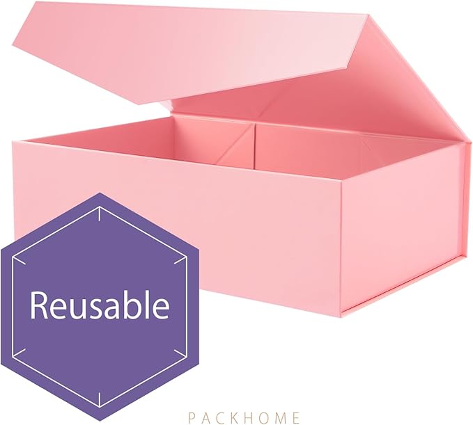 PACKHOME Large Gift Box with Lid 13.5x9x4.1 Inches, Sturdy Collapsible Gift Box with Magnetic Closure (Glossy Pink)