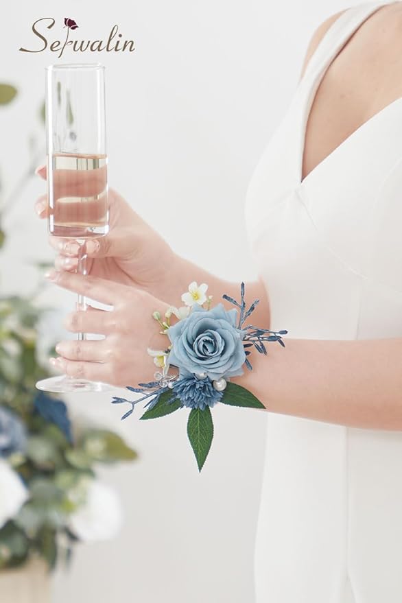 Serwalin 6 PCS Wrist Corsages for Wedding, Girl/Mother Bride Bridesmaids Corsages Wristlet Decor for Prom Wedding Anniversary Homecoming (Blue & Dusty Blue)