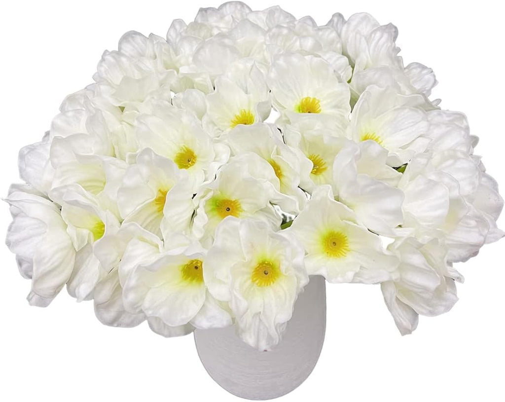 10 PCS High Quaulity Fresh Artificial Mini Real Touch PU/ latex Corn Poppies Decorative Silk fake artificial poppy flowers for Wedding holiday Bridal Bouquet Home Party Decor bridesmaid (White)
