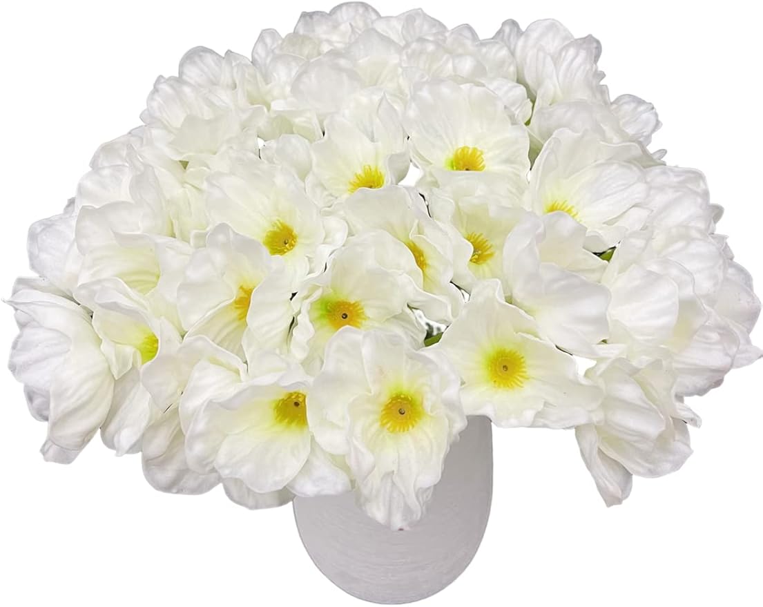 10 PCS High Quaulity Fresh Artificial Mini Real Touch PU/ latex Corn Poppies Decorative Silk fake artificial poppy flowers for Wedding holiday Bridal Bouquet Home Party Decor bridesmaid (White)