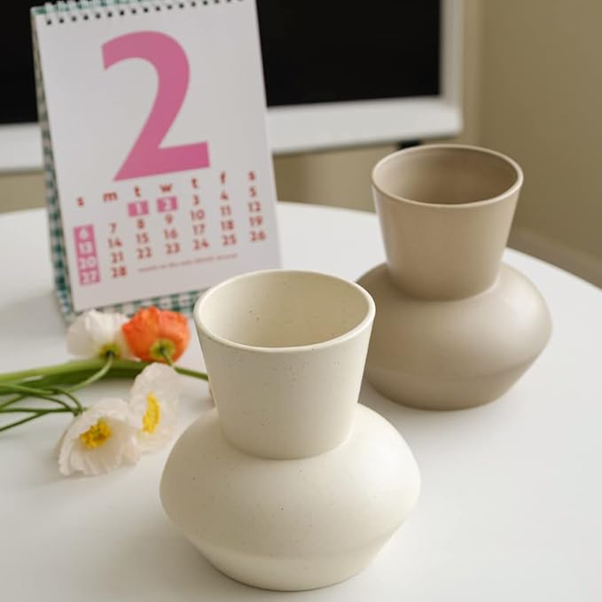 Wide Mouth Ceramic Flower Vase, Minimalist Decor for Living Room (Crème)