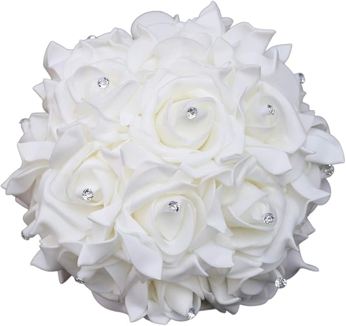 Wedding Bouquet, Gold Bouquet for Bride Bridesmaid with Diamond Soft Ribbons, Artificial Rose Bridal Holding Flowers for Party Church