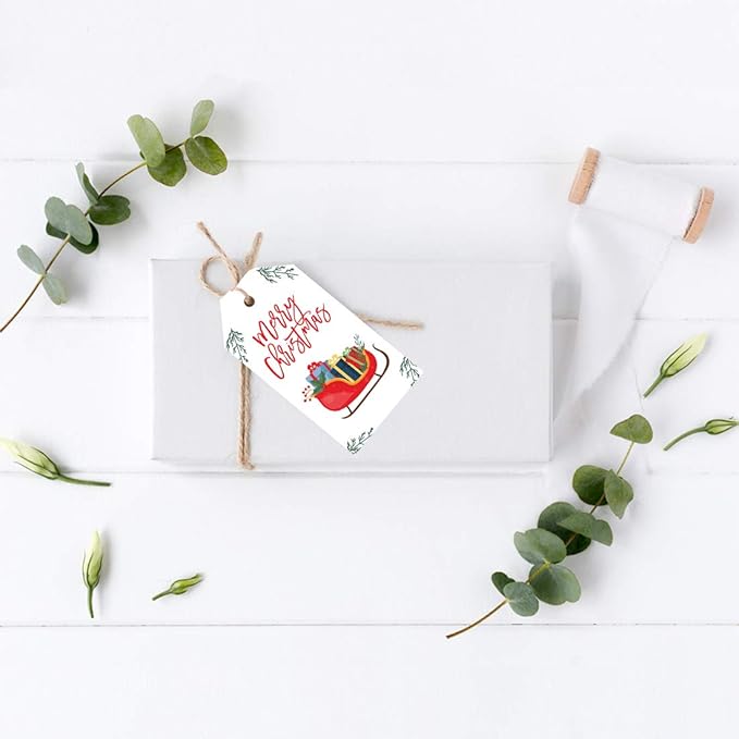 Andaz Press Christmas Holiday Season Classic Gift Tags, Merry Christmas to from Classic Favor Tags, Sleigh with Presents Design, for Holiday Events, Parties, and Favors,60-Pack