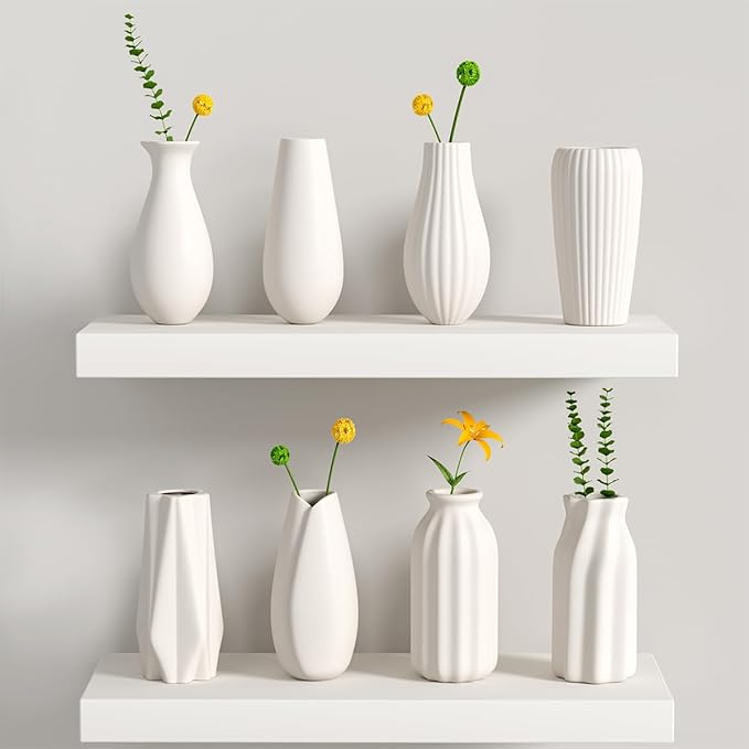 OERGKE White Ceramic Vase Set of 8, Small vases for Flowers with Painting Kit, Modern Boho Vases for Home, Living Room, Office, Farmhouse Decor, Dining Table, Bedroom, Kitchen Shelf