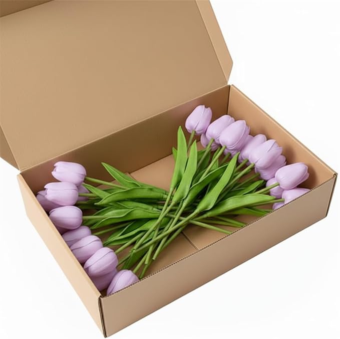 Purple Faux Tulips (20 Pcs) - Premium PU Artificial Flowers for Christmas & Thanksgiving Table Setting, Winter DIY Home Decor - 13.5" Real Touch