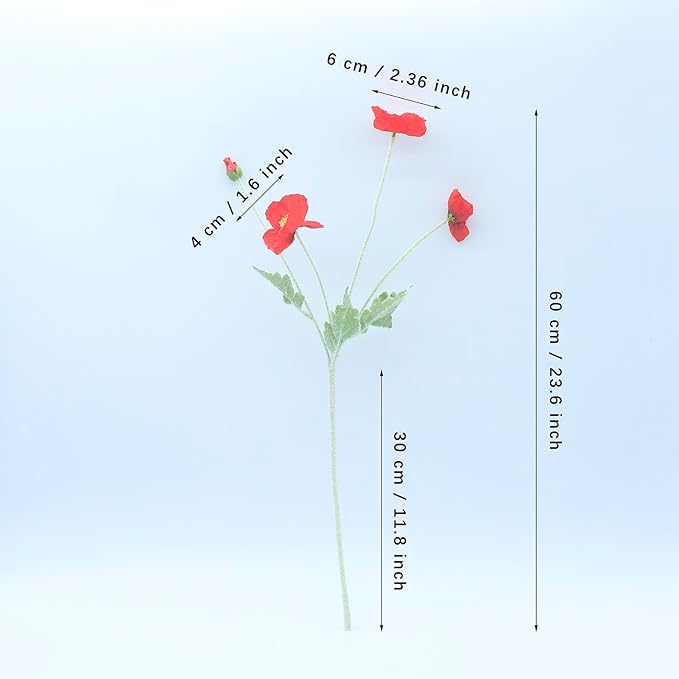 2 Pcs Artificial Fake Flowers Plants Poppies Silk Flower Arrangements Wedding Bouquets Decorations Plastic Floral Table Centerpieces for Home Kitchen Garden Party Decor Approx 23.6" High - Red
