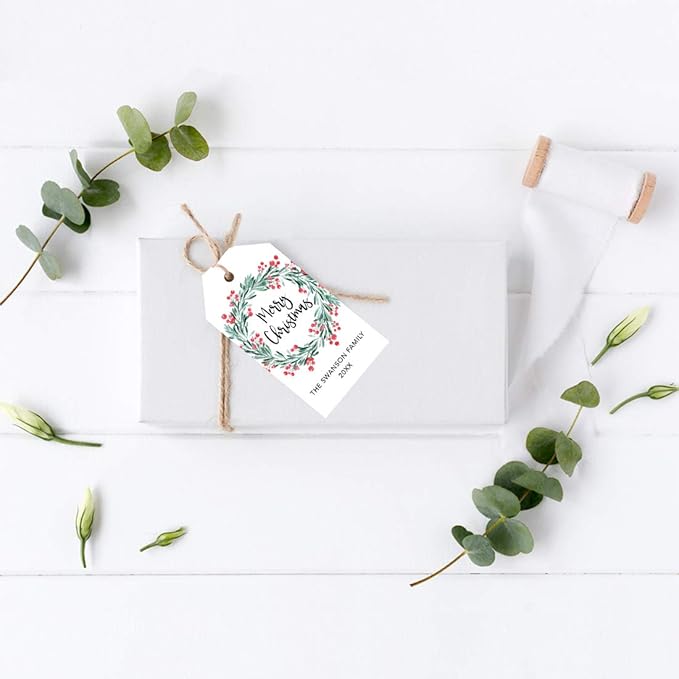 Andaz Press Personalized Christmas Holiday Season Classic Gift Tags, Merry Christmas Custom Family Name and Year, Holly Wreath Design, for Holiday Events, Parties, and Favors, 60-Pack